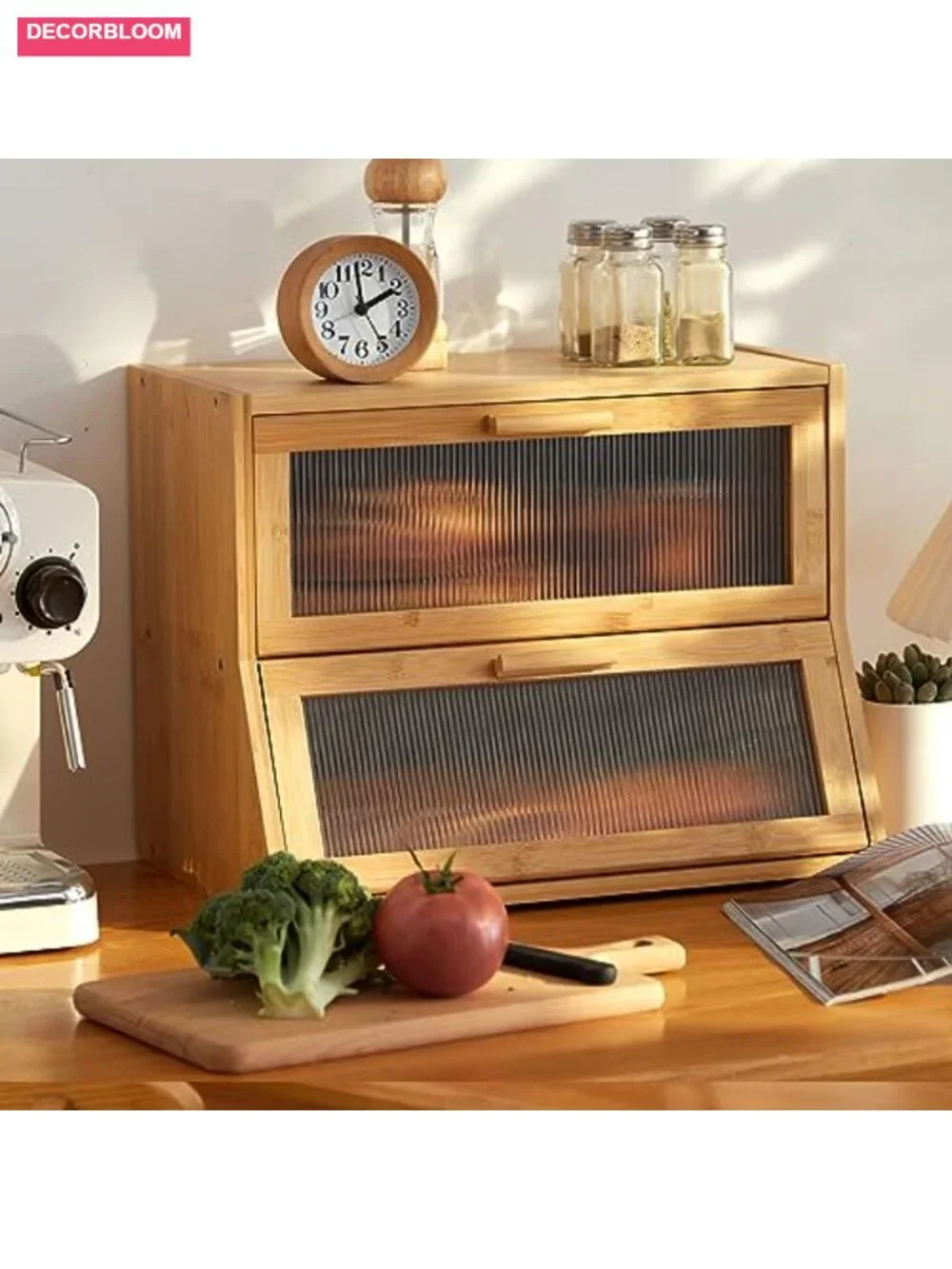 Bamboo Bread Box with Acrylic Wavy Door, Large Capacity Kitchen Counter Storage